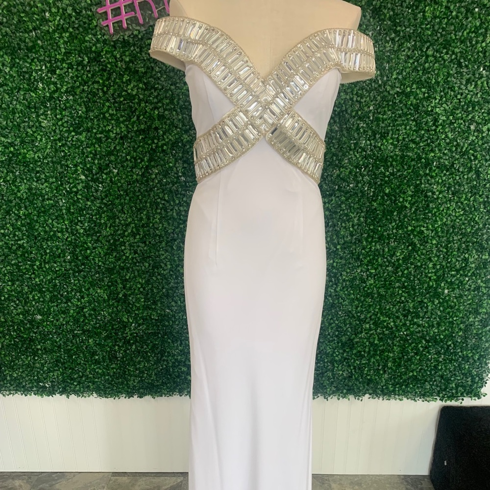 Off-Shoulder White Prom Dress with Crystal Embellished Bodice